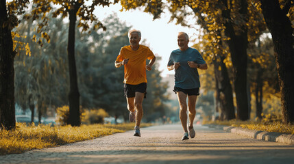Obraz premium Elderly friends jogging in park enjoying healthy outdoor activity
