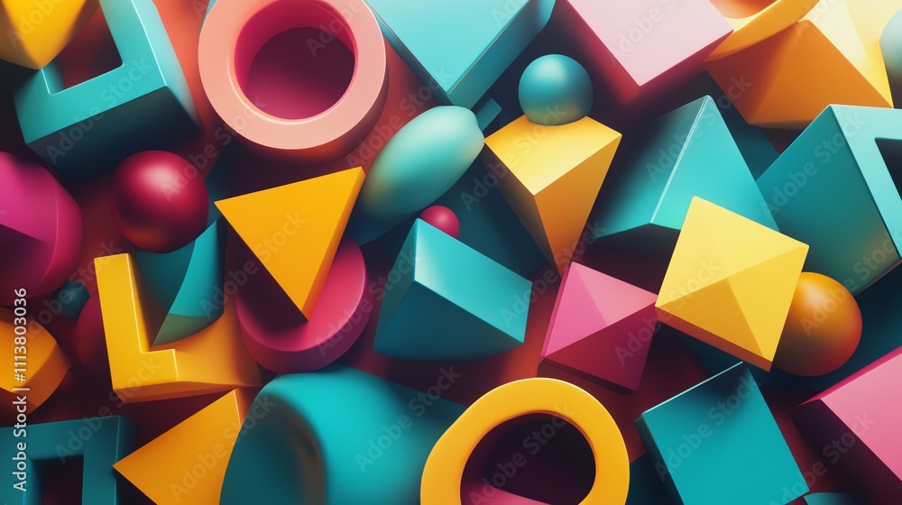 Poster a colorful, abstract background with various geometric shapes in a playful arrangement.