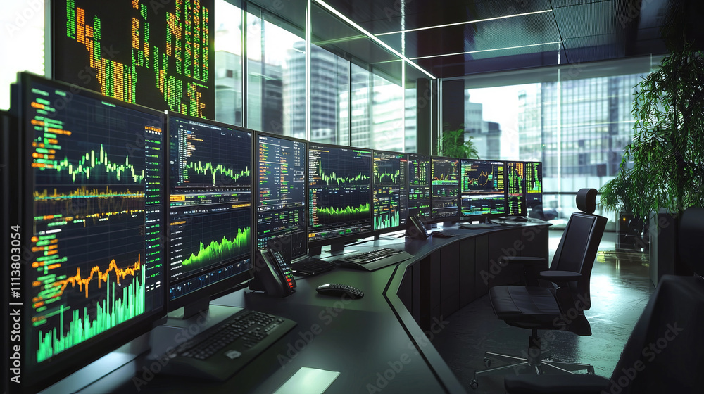 Poster modern trading room with multiple data monitors and city view