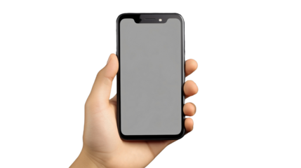Man holding smartphone, blank screen mockup, digital device technology, isolated white background, using mobile for communication, online app display