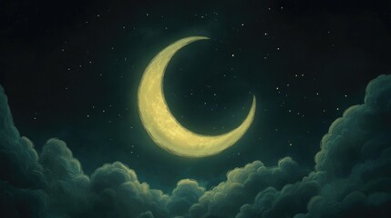 A whimsical illustration of the moon surrounded by whimsical clouds and stars, using soft colors and playful shapes, capturing the essence of dreams and night