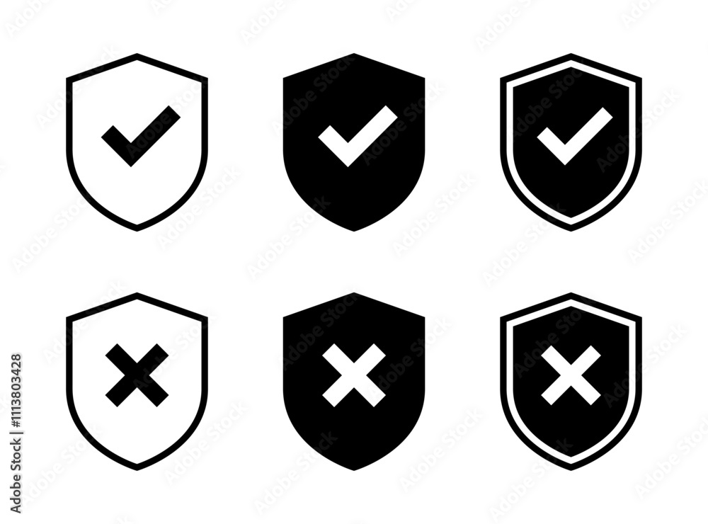 Poster shield with check and cross mark icon set. safe and unsafe sign symbol
