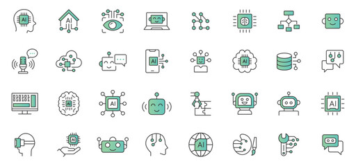 Artificial intelligence icon set. Containing machine learning, data science, AI, virtual assistant, generative AI, technology vector icons collection