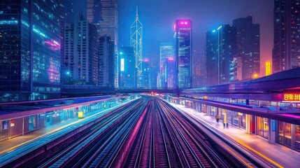 Fototapeta premium Neon Cityscape with Train Tracks