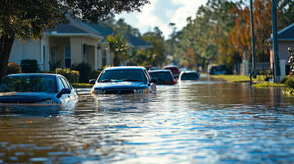 Flooded town street with submerged cars after heavy rainfall