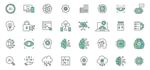 Artificial intelligence icon set. Containing machine learning, data science, AI, virtual assistant, generative AI, technology vector icons collection