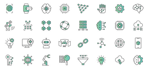 Artificial intelligence icon set. Containing machine learning, data science, AI, virtual assistant, generative AI, technology vector icons collection