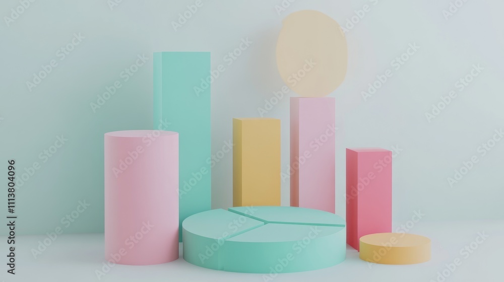 Poster abstract 3d pie and bar graphs in vibrant colors, arranged against a minimalistic white background t