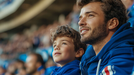 Father and son enjoying a sports event together in a stadium