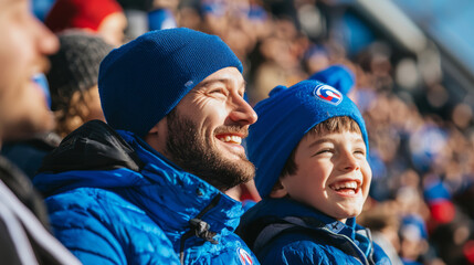 Father and son enjoying a sunny day at the stadium