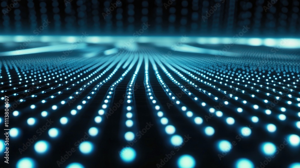 Poster abstract data grid with glowing dots and lines, creating a network-like pattern on a dark background