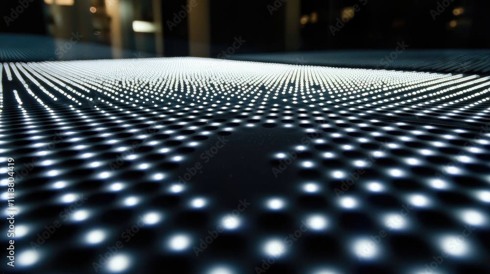 Poster abstract data grid with glowing dots and lines, creating a network-like pattern on a dark background