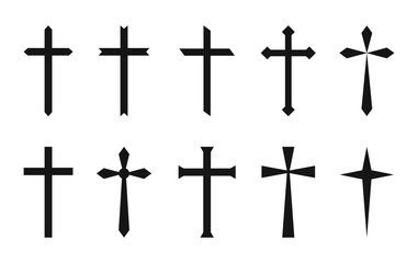 Christian cross catholic icon collection. Different style religion symbol set