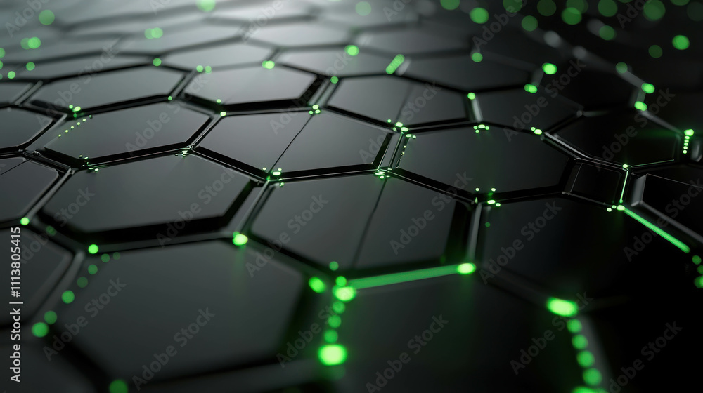 Aufkleber abstract futuristic hexagonal pattern with glowing green lights on dark background