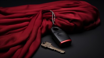 Dramatic composition featuring a glass bottle with a liquid substance and a set of car keys creating a conceptual and abstract still life setup with reflections and minimalist design elements