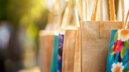 Colorful jute bags with floral prints displayed in sunlight