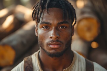 Obraz premium Young african male in rustic outdoor setting with wooden logs