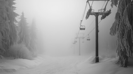 Obraz premium Ski lift disappearing into the fog on a snowy mountain