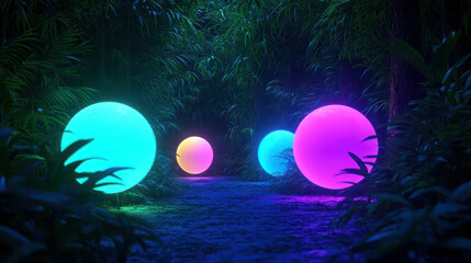 Fototapeta premium Colorful Glowing Spheres in a Lush Tropical Jungle Pathway at Night
