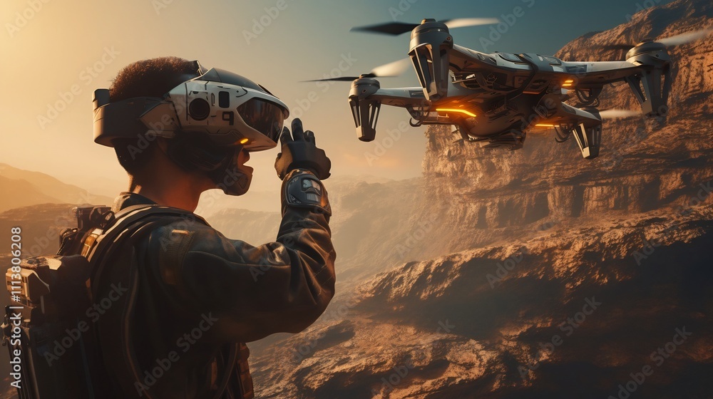 Poster military operator guiding surveillance drone over rugged terrain using advanced virtual reality gogg