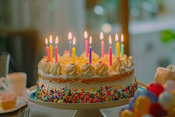 Colorful candle birthday cake at party.