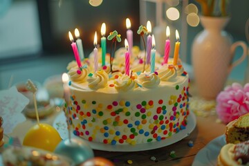 Colorful candle birthday cake at party.