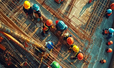 Construction Workers Laying Steel Reinforcement in Building Site