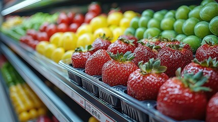 Fresh strawberries and colorful fruits displayed in a grocery store produce section
