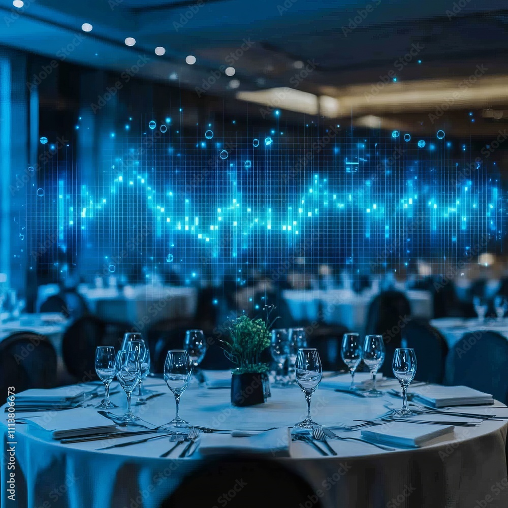 Poster data visualization projected over elegant banquet tables in a dimly lit upscale event space.