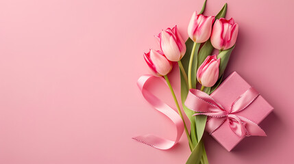 Fototapeta premium Mother's Day Gift Box and Tulips: Top view photo of a stylish pink gift box with a ribbon bow and a bouquet of tulips on a pastel pink background with copy space.