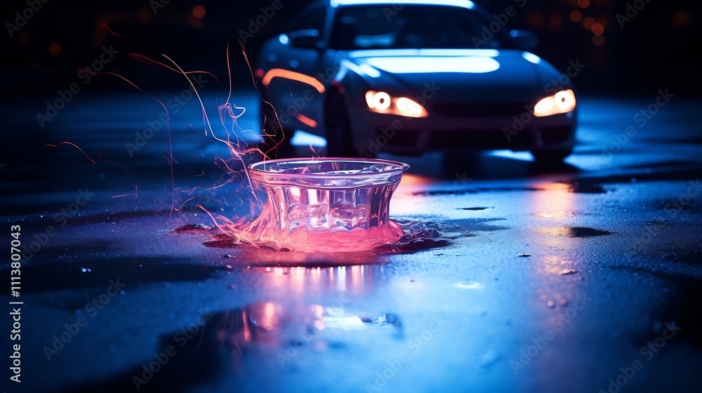 Aufkleber dramatic close up scene of a spilled drink on a table with the faint glow of car headlights reflecte