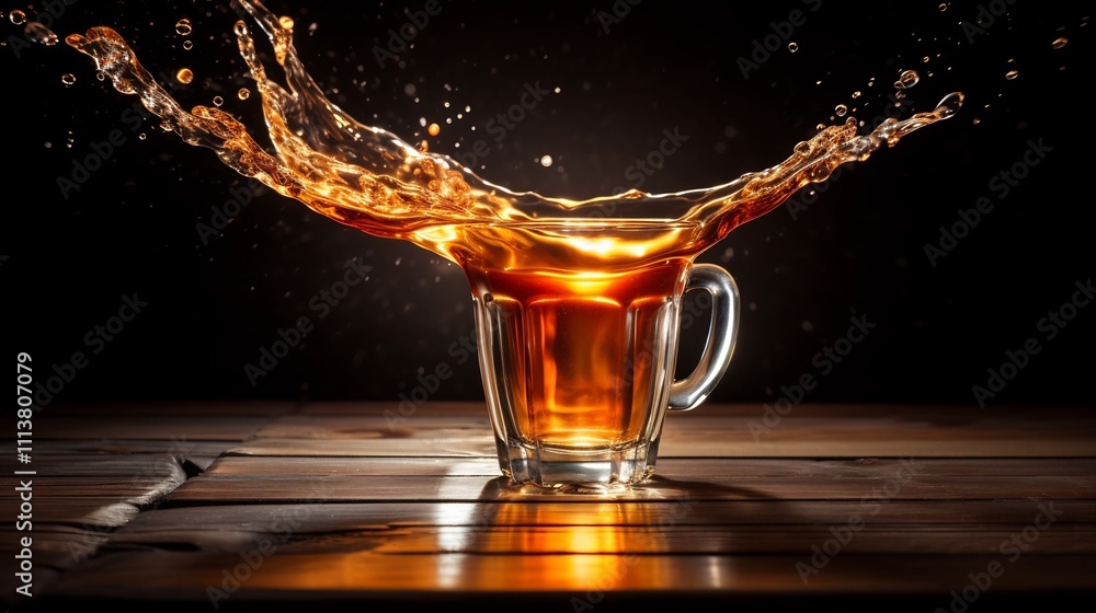 Aufkleber a close up view of a drink or liquid spilling onto a table surface with the blurred and distorted re