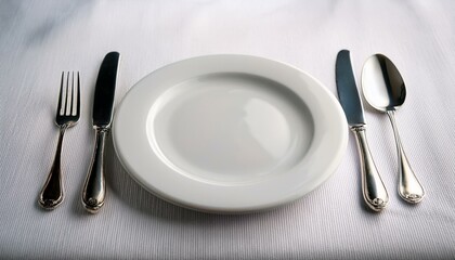Empty place setting on white linen table cloth