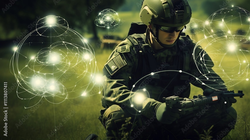 Poster soldier operating a digital interface to command and control an aerial drone swarm during a strategi