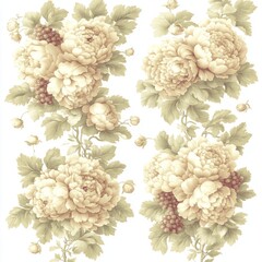 Elegant cream peonies and berries floral pattern.