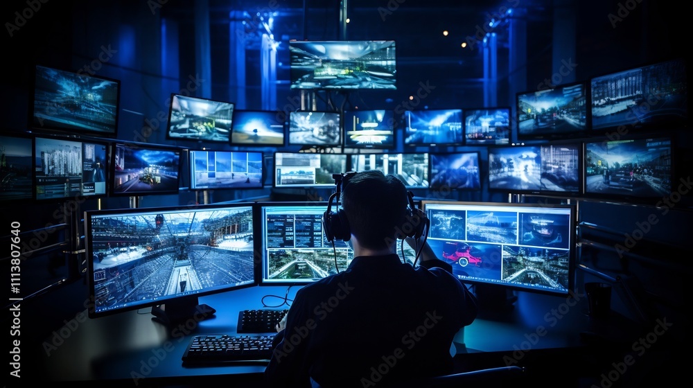 Poster advanced military war room with soldiers analyzing live drone footage and tactical data on multiple 