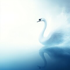 Fototapeta premium Elegant white swan gracefully floats on serene blue water, its reflection mirroring its beauty.