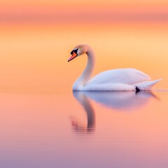 Obraz premium Elegant white swan gracefully floats on calm water at sunset, its reflection mirrored perfectly.