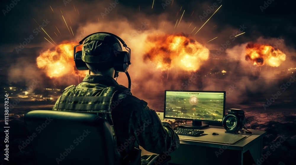 Poster soldier operating a drone using a remote control in a high tech military command center with advance