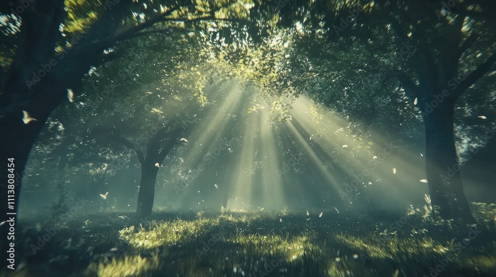 Poster an artistic shot of rays of sunlight filtering through dense trees in a forest, creating a magical a