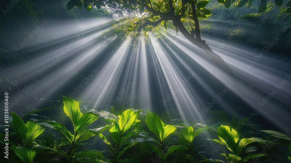 Poster an artistic shot of rays of sunlight filtering through dense trees in a forest, creating a magical a