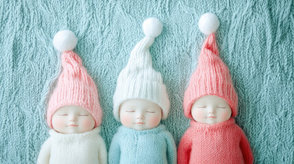 Fototapeta premium Three baby dolls are sleeping on a blanket