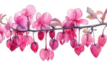 Fototapeta premium A watercolor illustration of pink flowers and buds on a branch.
