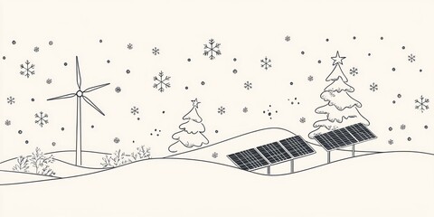 A minimalist line-art holiday card design, featuring renewable energy elements