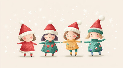 Four little girls are wearing red and green Christmas hats and are holding hands