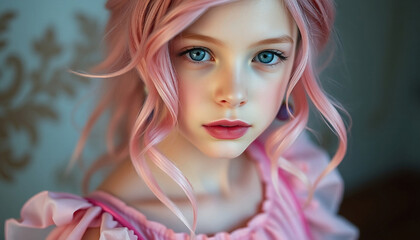 Fototapeta premium Beautiful Girl With Pink Hair: Close-up view of a young girl with pink hair, red lipstick and delicate skin