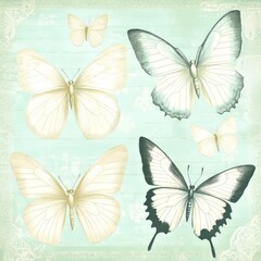 Obraz premium Five pastel butterflies on a teal background.