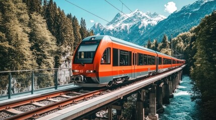 An electric train traveling over a bridge, with a river below and mountains in the background, emphasizing the scenic routes available through rail travel