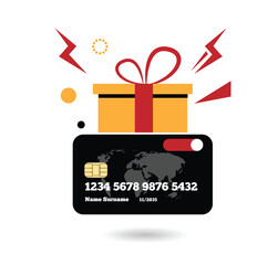 Bank Card with a Present Box Discount Concept. Retail sale business and shopping with discounts, gift cards vector art