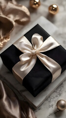 Elegant black gift box with satin ribbon on marble surface with gold decorations.